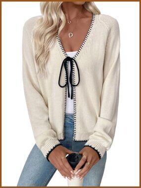 Womens Lightweight Open Front Knit Cardigan Bow Tie Loose Fit Sweater